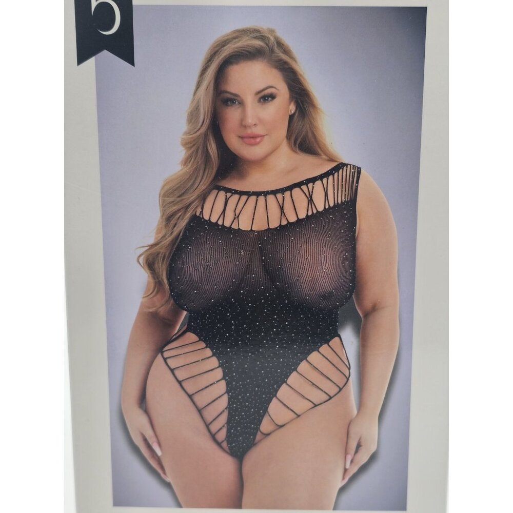 Baci Lingerie Women's Queen Size 14-18 Black Lace Sheer Sexy Diamonte Bodysuit